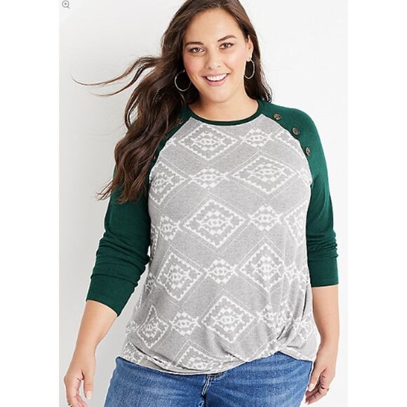Maurices 0X 14W Plus Womens Green Gray Soft Print Front Knot Button Mixer Tee - Picture 1 of 10